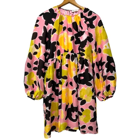 Stine Goya Kelly Floral Jacquard Babydoll Dress Black Pink Yellow Lime Large - Picture 16 of 16